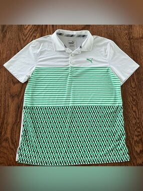 Puma White and Mint Striped Performance Polo